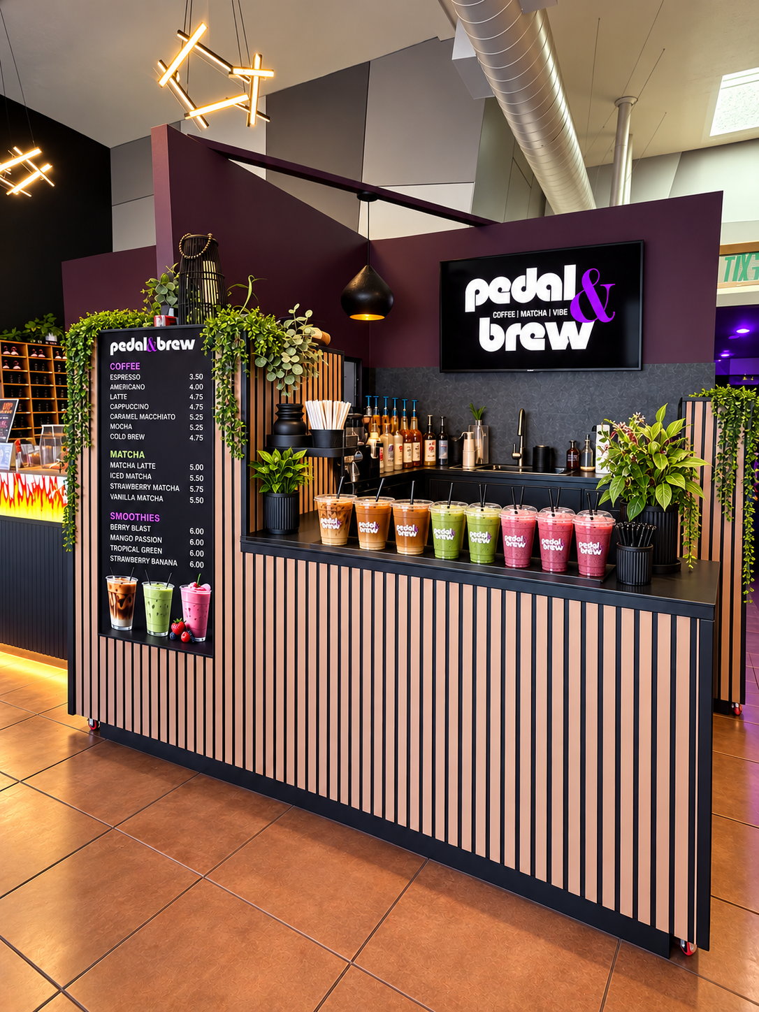 The Pedal & Brew coffee bar inside Purple Pedal, glowing under a purple neon sign