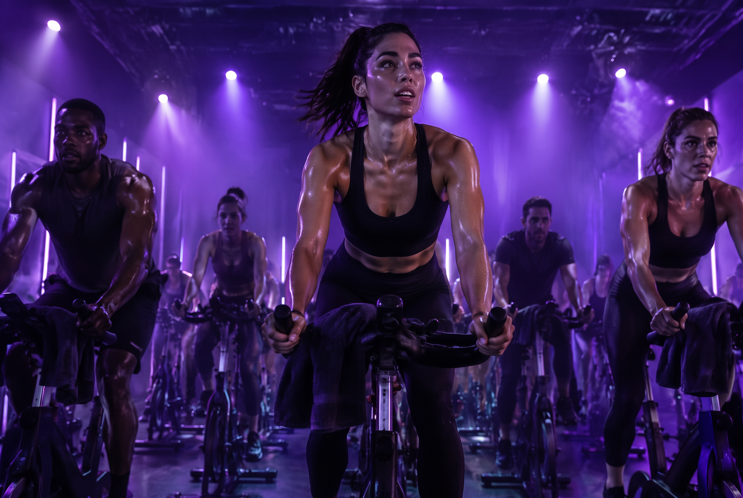 Purple Pedal riders cycling together under layered purple lights